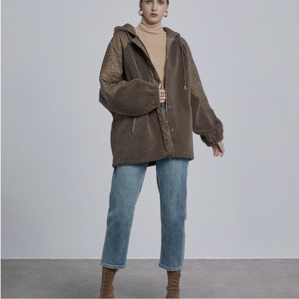 Silk Maison] Oversized Sherpa Quilted Fleece Jacket Coat - Picture 3 of 13